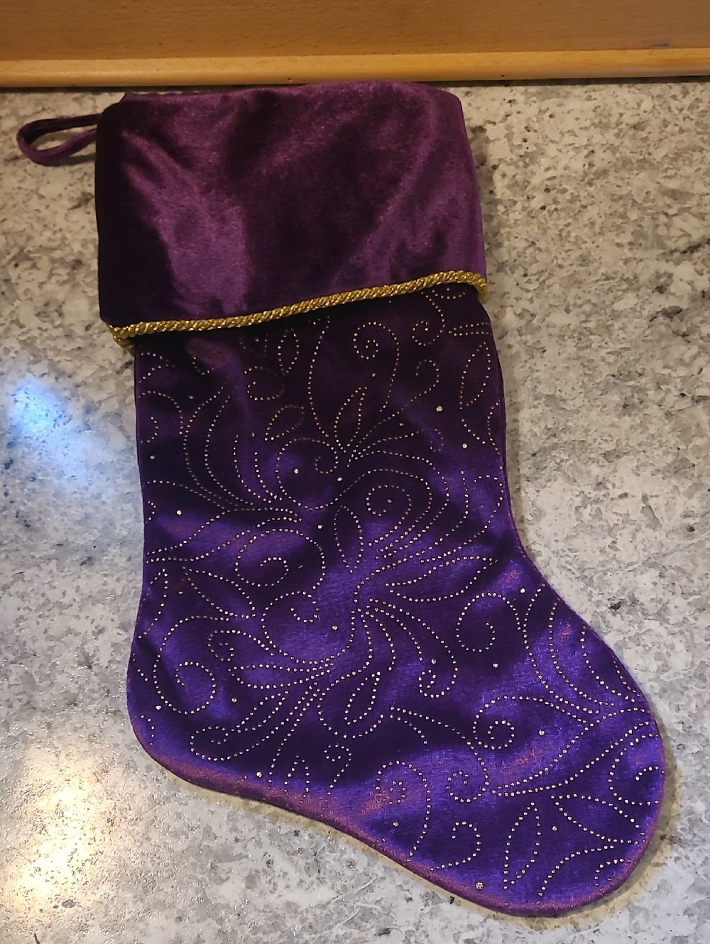 Christmas Eve By Santas Best Purple Velvet Holiday Stocking with Gold Accents